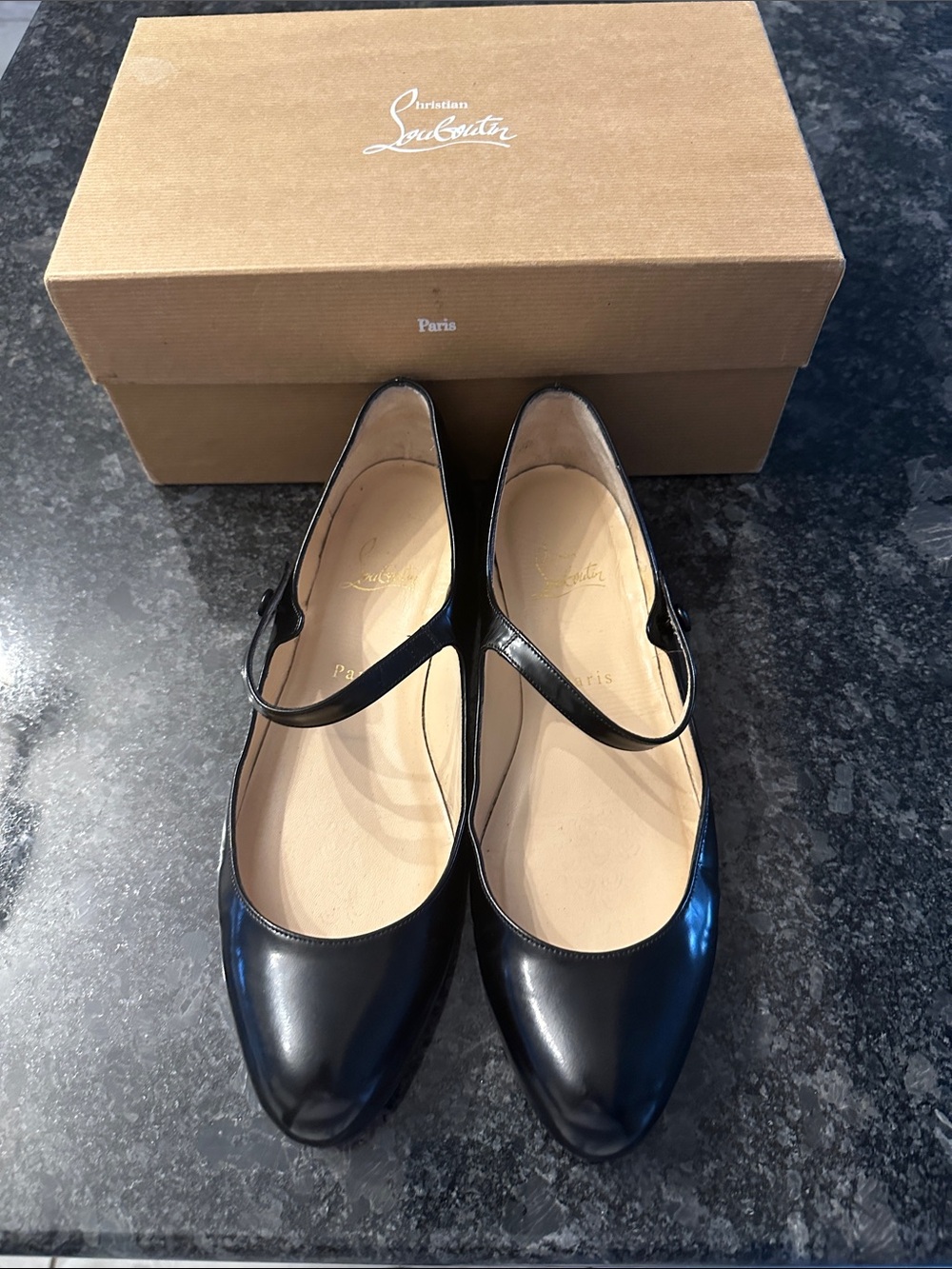 Christian Louboutin Black Patent Mary Jane Flats with Strap excellent condition